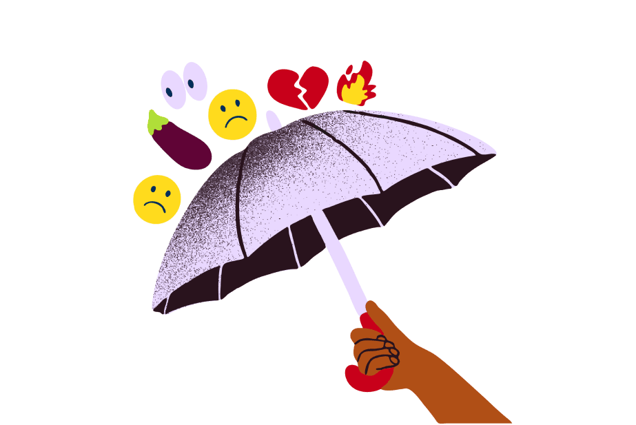 Ilustrasi payung diangkat untuk melindungi dari emoji negatif